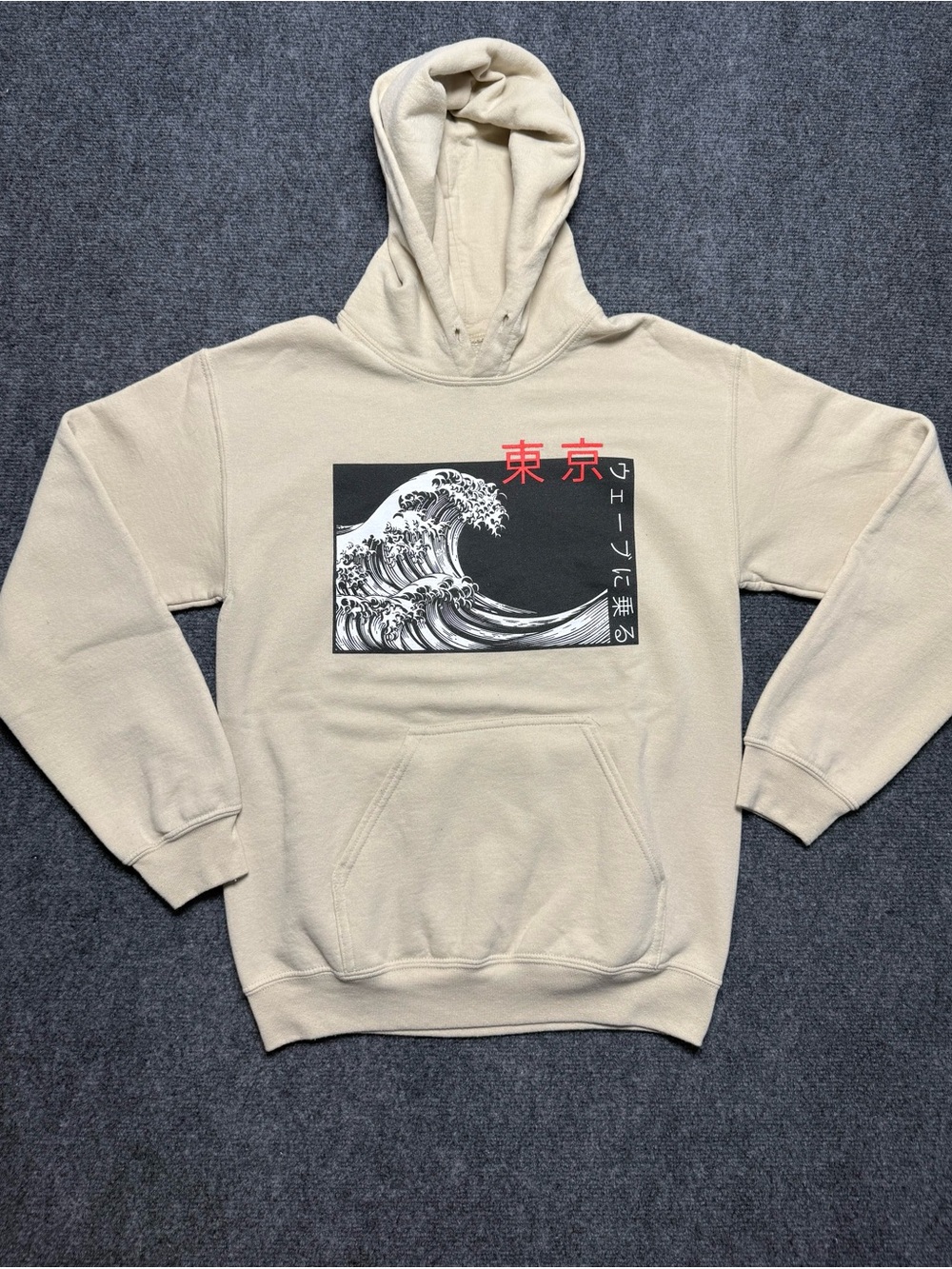 Artist Union Clothing Co. Beige Hoodie with Wave Graphic and Red Tokyo Text